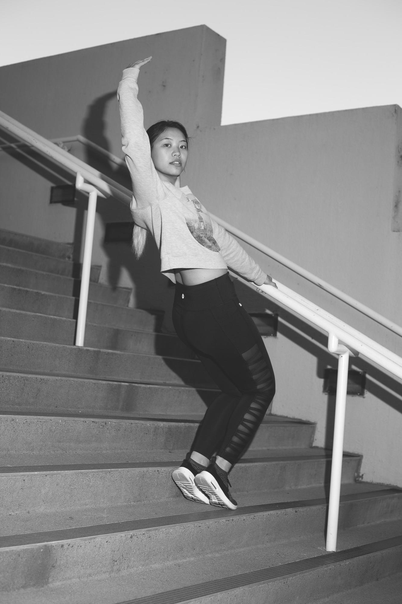 B&W photograph of dancer on steps made by student Mai Yang, '19